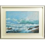 JAMES BARTHOLOMEW (BRITISH CONTEMPORARY) 'HEAVY SURF', rough seas off a Cornish beach, signed bottom