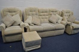 A CELEBRITY FOUR PIECE LOUNGE SUITE, comprising a three seater settee, pair of electric rise and