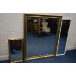 A MODERN GILT FRAMED BEVELLED EDGE WALL MIRROR, 1129cm x 106cm together with a small gilt framed