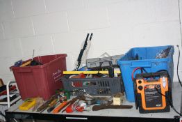 THREE TRAYS CONTAINING HANDTOOLS AND AN RAC BATTERY BOOSTER (no charger) including chisels, a Weller