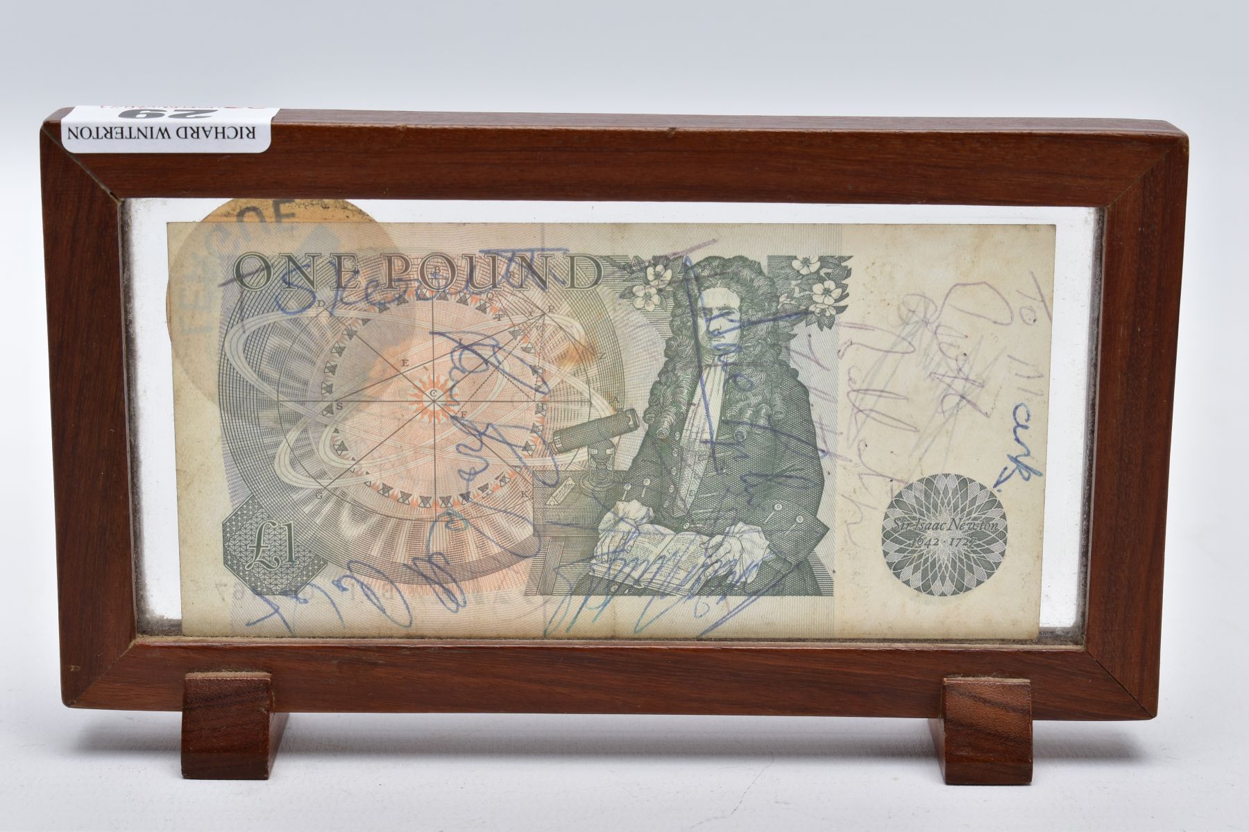 A FRAMED BANK OF ENGLAND 'ONE POUND NOTE', within a wooden frame, raised on two block feet, the note - Image 3 of 4
