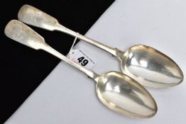 TWO FIDDLE PATTERN SERVING TABLESPOONS, each with an engraved initial 'K' to the handles, one