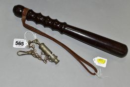 A J. HUDSON & CO BIRMINGHAM 'THE METROPOLITAN' WHISTLE, on a chain, with a wooden truncheon,