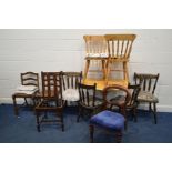 A PINE DROP LEAF PEDESTAL KITCHEN TABLE, two matching chairs, together with eight various other