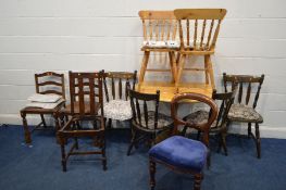 A PINE DROP LEAF PEDESTAL KITCHEN TABLE, two matching chairs, together with eight various other