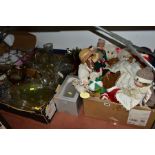 FIVE BOXES OF GLASSWARE, MODERN COLLECTORS DOLLS AND SOFT TOYS, ETC, together with a doll's pram