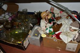 FIVE BOXES OF GLASSWARE, MODERN COLLECTORS DOLLS AND SOFT TOYS, ETC, together with a doll's pram