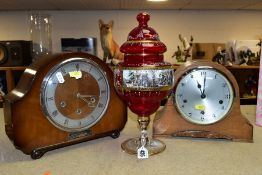 A SECOND HALF 20TH CENTURY RED GLASS JAR AND COVER ON A CLEAR AND GILT STEM, together with two