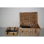 A SMALL FORTUM AND MASONS HAMPER BASKET and a small basket containing tools including scrapers, a