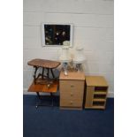 A MODERN BEECH THREE DRAWER BEDSIDE CABINET, together with a Meredew teak folding occasional