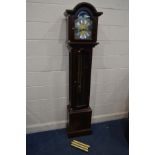 A FRANZ HERMLE MAHOGANY LONGCASE CLOCK, the arched brass and silvered dial with a automaton movement