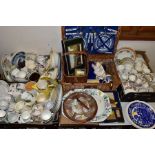 THREE BOXES, WICKER BASKETS AND LOOSE CERAMICS, GLASS ETC, to include an 'Optima' wicker picnic