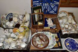 THREE BOXES, WICKER BASKETS AND LOOSE CERAMICS, GLASS ETC, to include an 'Optima' wicker picnic