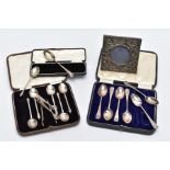 TWO CASED SETS OF SILVER TEASPOONS, A SINGLE CASED TEASPOON AND A MINIATURE SILVER PHOTOFRAME, the