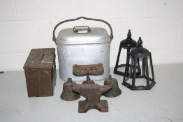 A SMALL SELECTION OF VINTAGE AND MODERN METALWARE including a lidded aluminium container 38cm wide