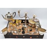 A BOX OF METALWARE, to include an EPNS three piece tea service set comprises of a teapot, creamer