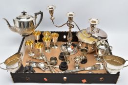 A BOX OF METALWARE, to include an EPNS three piece tea service set comprises of a teapot, creamer