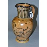 A DOULTON LAMBETH HANNAH BARLOW BALUSTER SHAPED STONEWARE JUG, with a hallmarked silver rim,