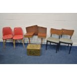 TWO PAIR OF RETRO DINING CHAIRS, one pair with red leatherette seats and the other a teak