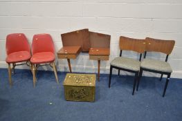 TWO PAIR OF RETRO DINING CHAIRS, one pair with red leatherette seats and the other a teak