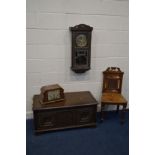 AN EDWARDIAN WALNUT HALL CHAIR, together with an oak wall clock, oak blanket chest (sd) and an Art