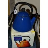 A LE CREUSET 'KONE' STOVE TOP KETTLE IN BOX, in unused condition, in blue