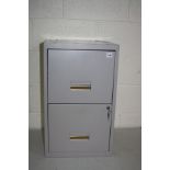 A MODERN TWO DRAWER METAL FILING CABINET with 2 keys