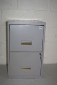 A MODERN TWO DRAWER METAL FILING CABINET with 2 keys