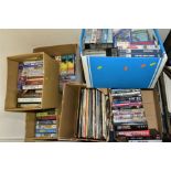 EIGHT BOXES OF RECORDS, DVDS, VIDEO TAPES, etc, to include Animals and Final Cut by Pink Floyd,