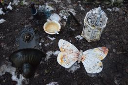 SIX METAL GARDEN FIGURES including a Butterfly 64cm across, a wall mounted water feature 70cm high