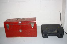 A VINTAGE METAL BEECH MECHANICS TOOL CHEST with lift up lid concealing a tool tray and a drop down