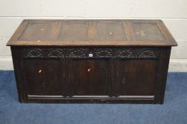 A GEORGIAN OAK COFFER, lunette carved frieze above four panels, width 140cm x depth 62cm x height