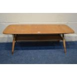 AN ERCOL MODEL 398 BLONDE ELM AND BEECH WINSOR COFFEE TABLE, with a spindled undertier, width