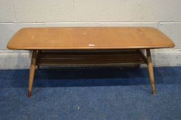 AN ERCOL MODEL 398 BLONDE ELM AND BEECH WINSOR COFFEE TABLE, with a spindled undertier, width