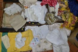 THREE BOXES OF TABLE LINEN, THROWS, etc, including embroidered items, broiderie anglaise apron,