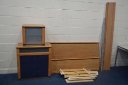 AN IKEA BEECH EFFECT 5FT BED FRAME, along with a matching chest of four long drawers and single door