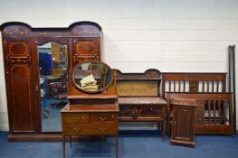 AN EDWARDIAN MAHOGANY, MARQUETRY INLAID AND BOX STUNG BEDROOM SUITE, comprising a three door
