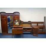 AN EDWARDIAN MAHOGANY, MARQUETRY INLAID AND BOX STUNG BEDROOM SUITE, comprising a three door