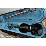 A BLACK PAINTED FORENZA VIOLIN, IN FITTED CASE, together with unbranded bow, total length of