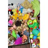 THREE BOXES OF MODERN TOYS, SOFT TOYS AND DOLLS, including Barbie, Fisher Price and Leap Frog baby