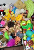THREE BOXES OF MODERN TOYS, SOFT TOYS AND DOLLS, including Barbie, Fisher Price and Leap Frog baby