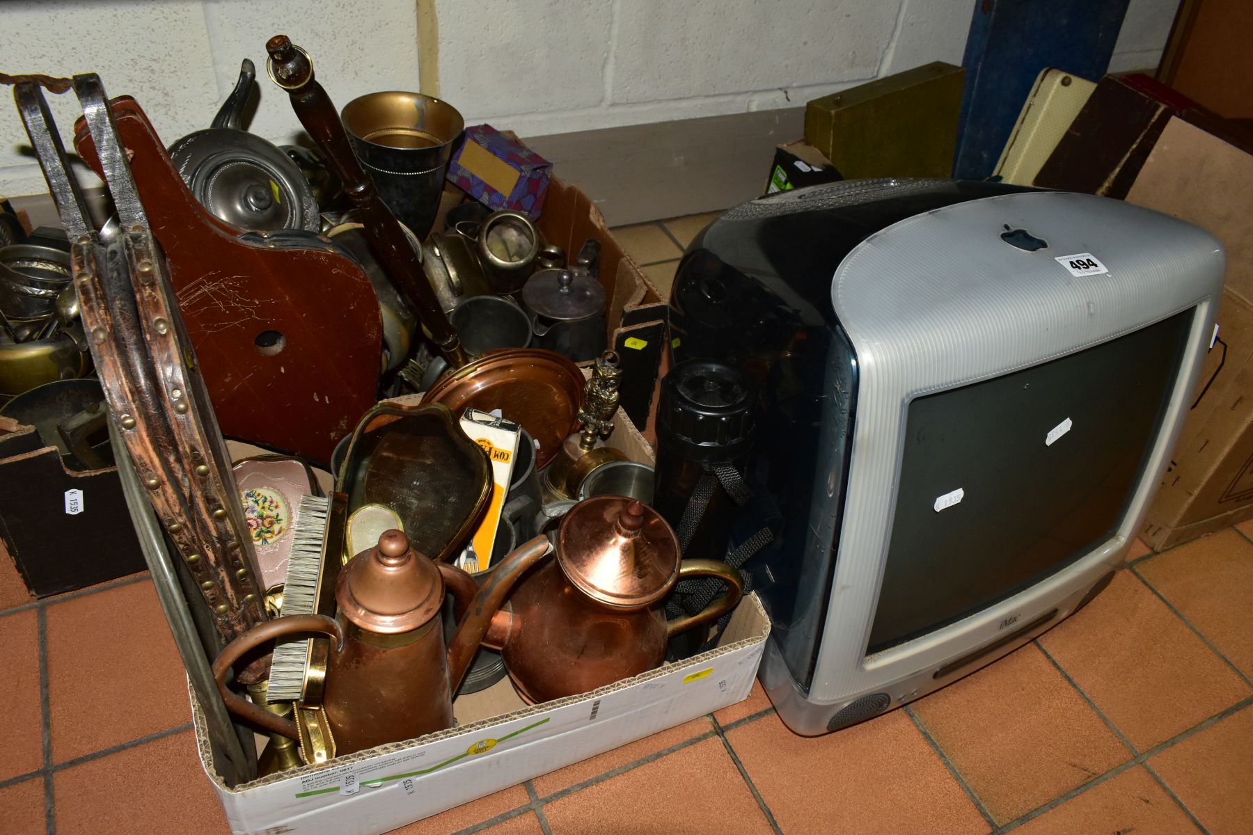 THREE BOXES OF METALWARES, ETC, five loose pictures, IMAC monitor and a boxed Eumig Projector, the - Image 8 of 14