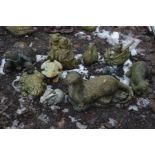 TEN COMPOSITE GARDEN FIGURES OF ANIMALS including two frog sat on a tree stump , a tortoise,