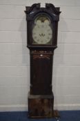 A DISTRESSED GEORGIAN MAHOGANY AND INLAID EIGHT DAY LONGCASE CLOCK, swan neck pediment above an