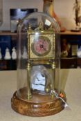 A MID 20TH CENTURY BRASS ANNIVERSARY CLOCK, pendulum loose, mounted on a circular oak base and