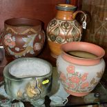 TWO LATE 19TH CENTURY LOVATT & LOVATT LANGLEY WARE JARDINIERES AND TWO OTHER LANGLEY ITEMS,