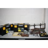 TWO WORKZONE TOOLBOXES AND A TRAY CONTAINING TOOLS including a mitre saw, chisels, auger bits,