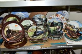 THIRTY TWO STEAM LOCOMOTIVE THEMED COLLECTORS PLATES, to include four Kingsley plates in wooden