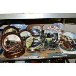 THIRTY TWO STEAM LOCOMOTIVE THEMED COLLECTORS PLATES, to include four Kingsley plates in wooden