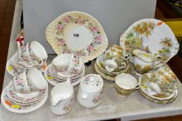 MINTON 'ROSE GARLAND' TEAWARES, comprising cake/sandwich plate (stained), covered twin handled sugar